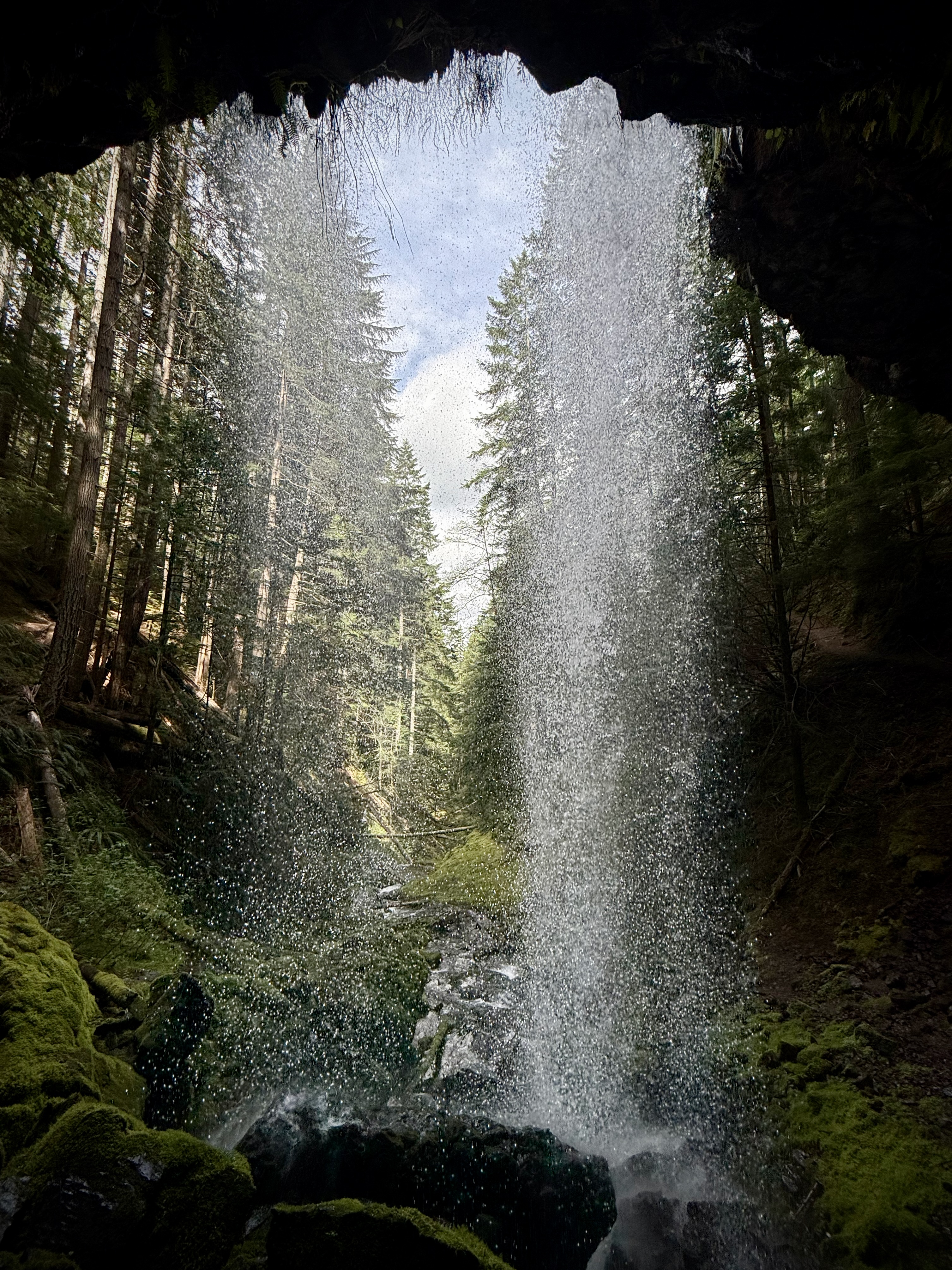The view from behind Covel Creek Falls, during a weekend campout in the Gifford Pinchot National Forest.